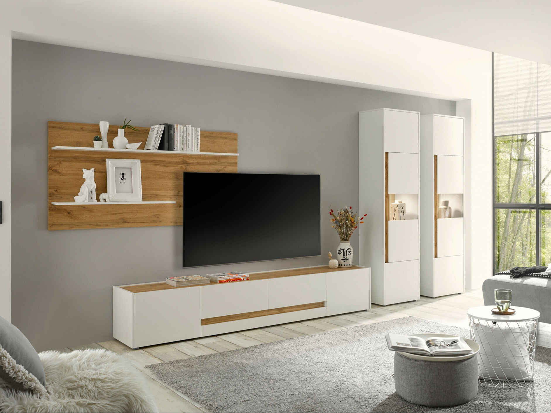 Conjunto para sala de estar Elbsori 132 (Branco + Carvalho wotan)