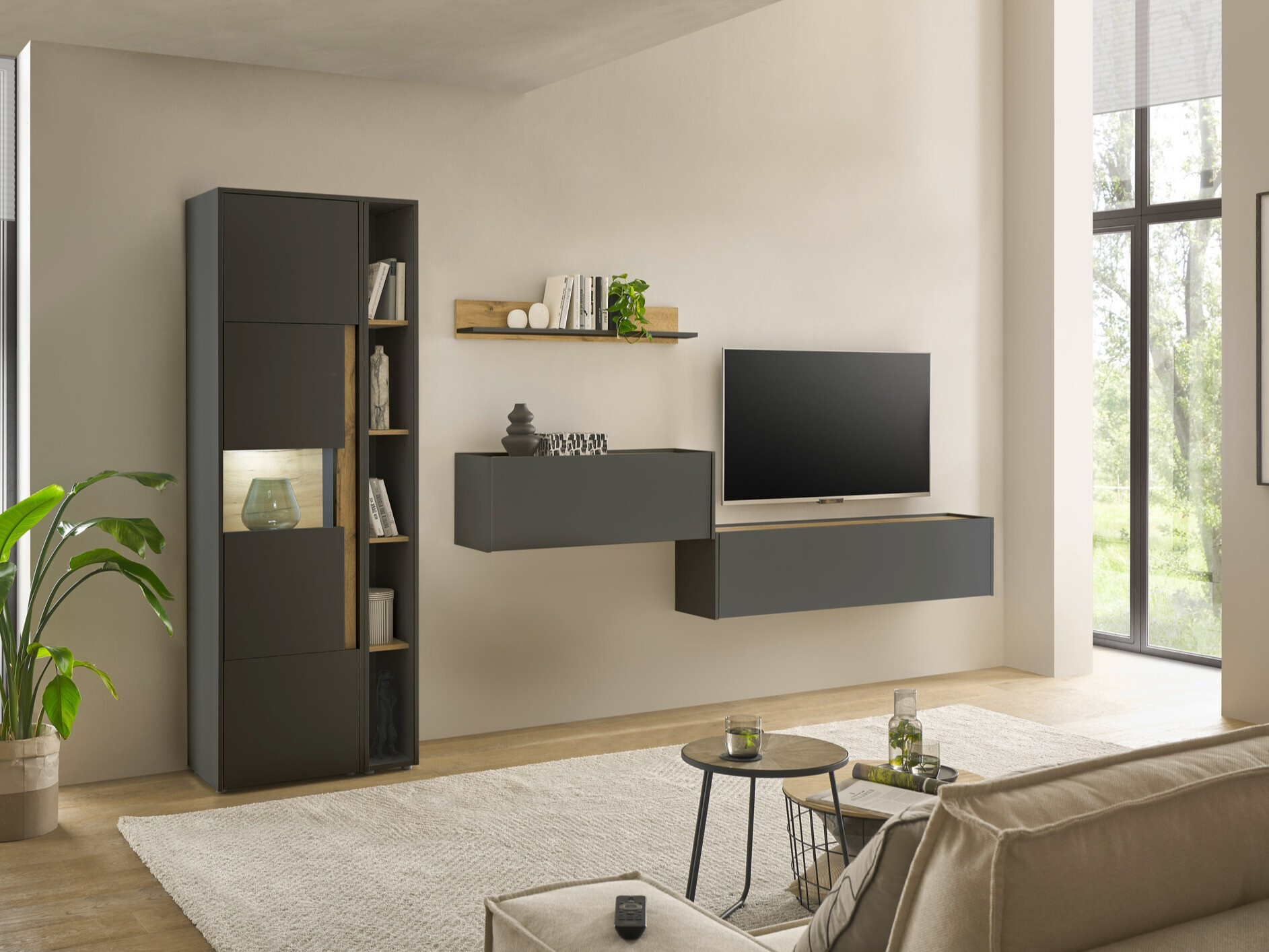Conjunto para sala de estar Elbsori 133 (Antracite + Carvalho wotan)