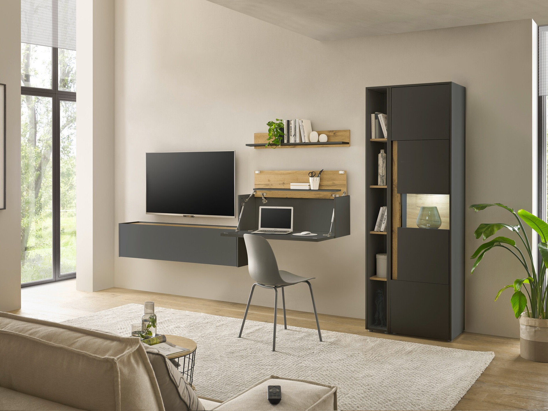 Conjunto para sala de estar Elbsori 133 (Antracite + Carvalho wotan)