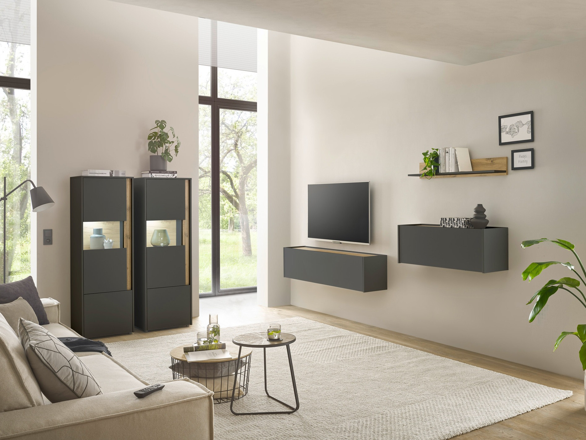 Conjunto para sala de estar Elbsori 136 (Antracite + Carvalho wotan)