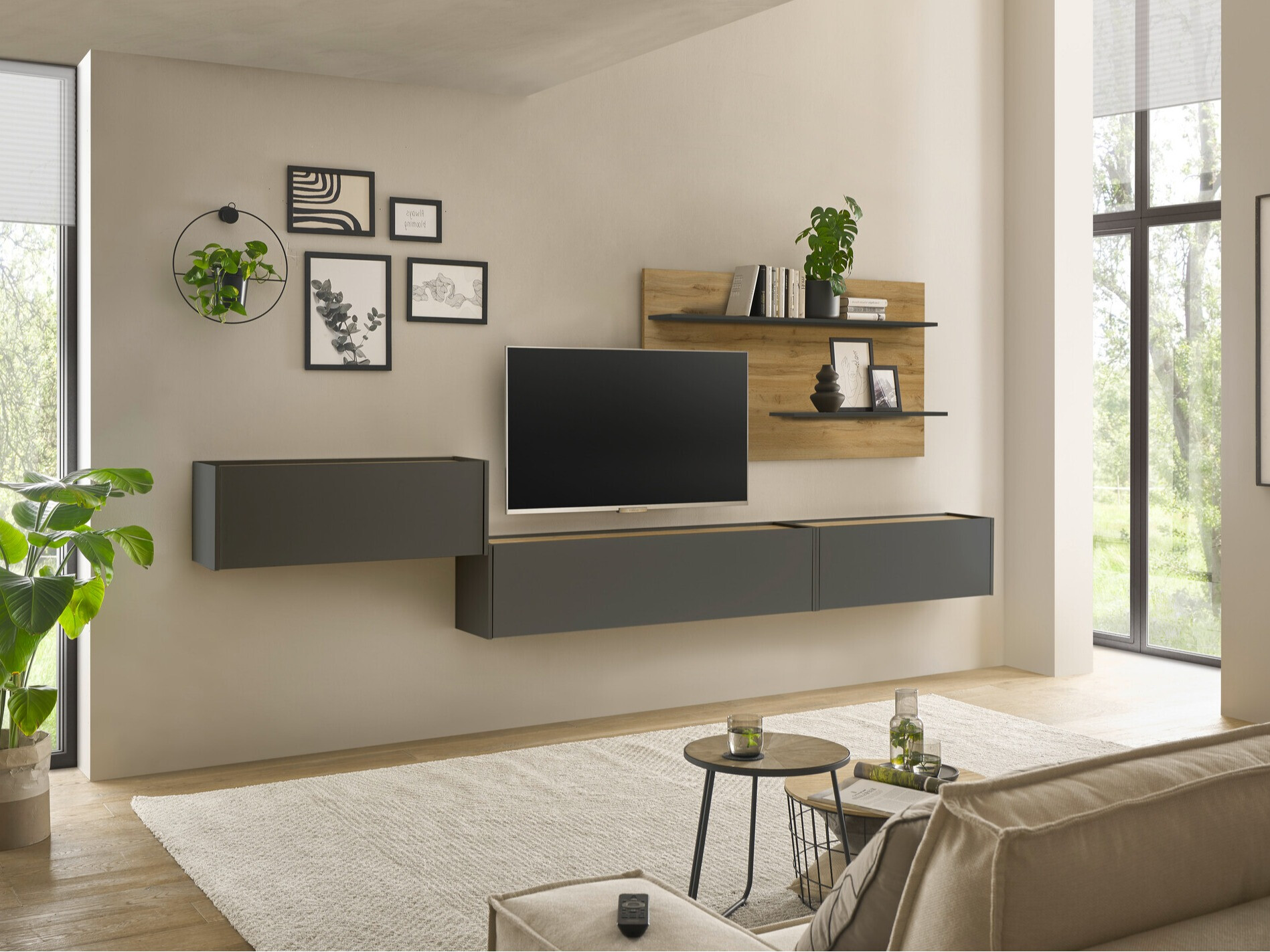 Conjunto para sala de estar Elbsori 137 (Antracite + Carvalho wotan)