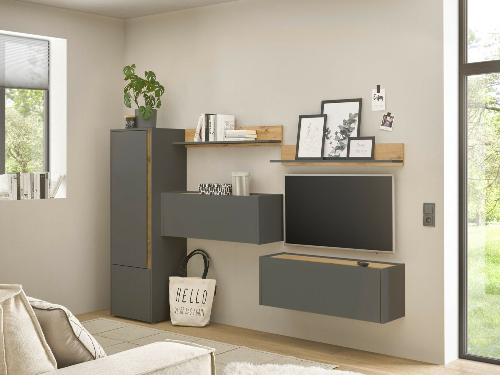 Conjunto para sala de estar Elbsori 138 (Antracite + Carvalho wotan)