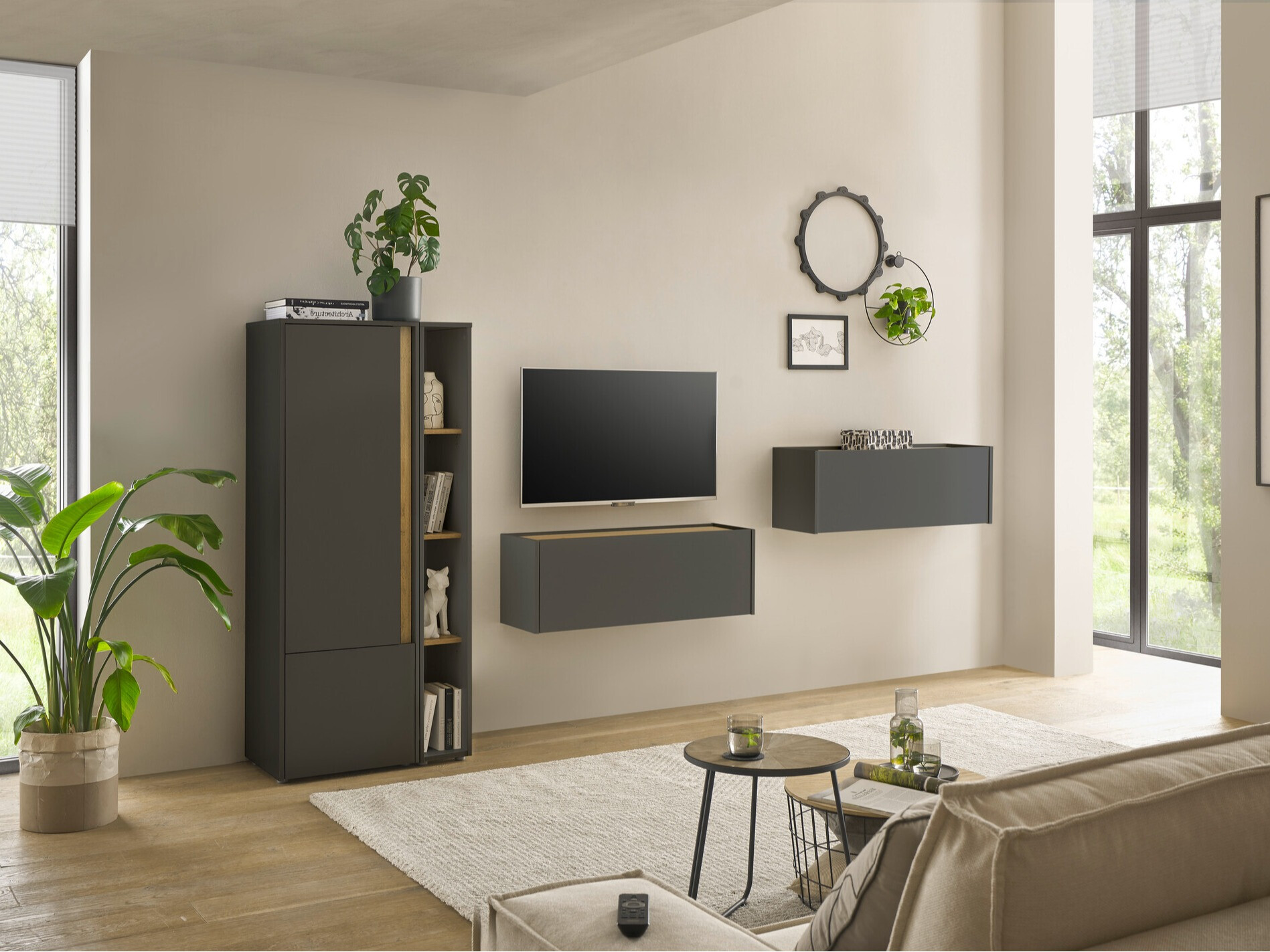 Conjunto para sala de estar Elbsori 146 (Antracite + Carvalho wotan)