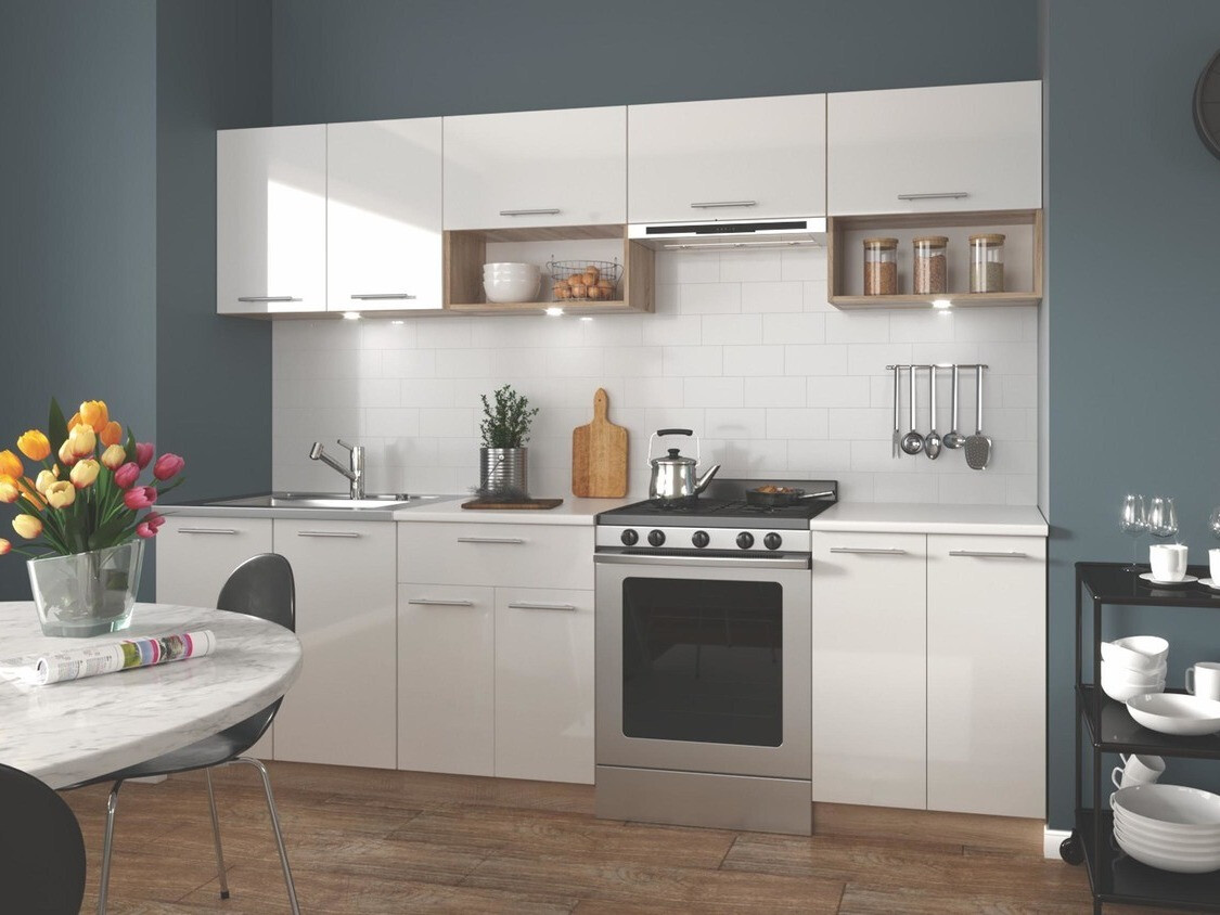 Conjunto para cozinha Houston 858 (Branco brilhante + Carvalho sonoma)