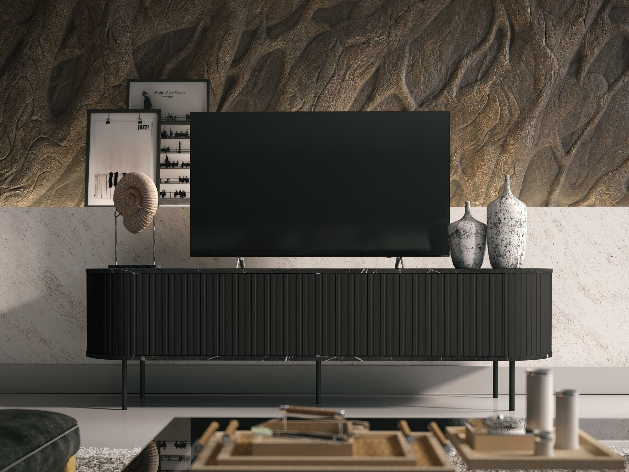 Móvel de TV Charlotte 196 (Mármore preto + Preto)