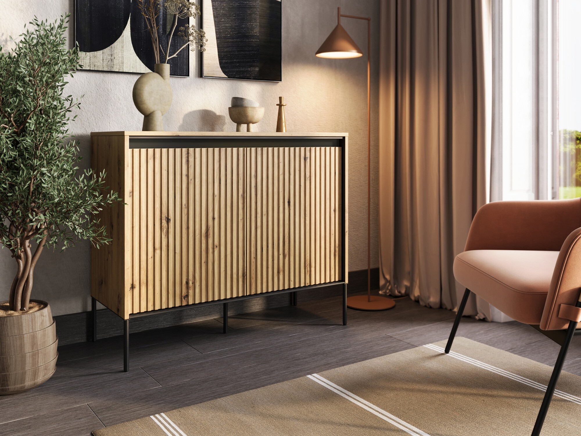 Aparador Fernolu 101 (Carvalho Artisan + Preto)