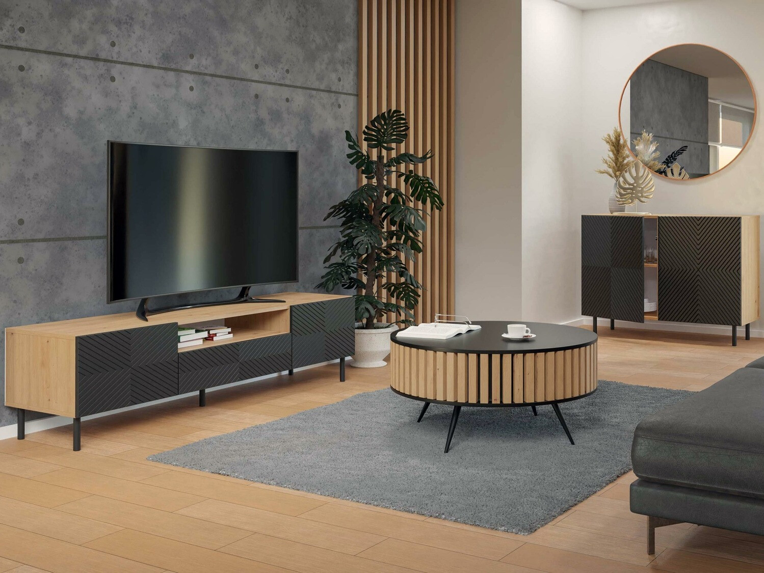 Aparador Romseru 101 (Preto + Carvalho Artisan)