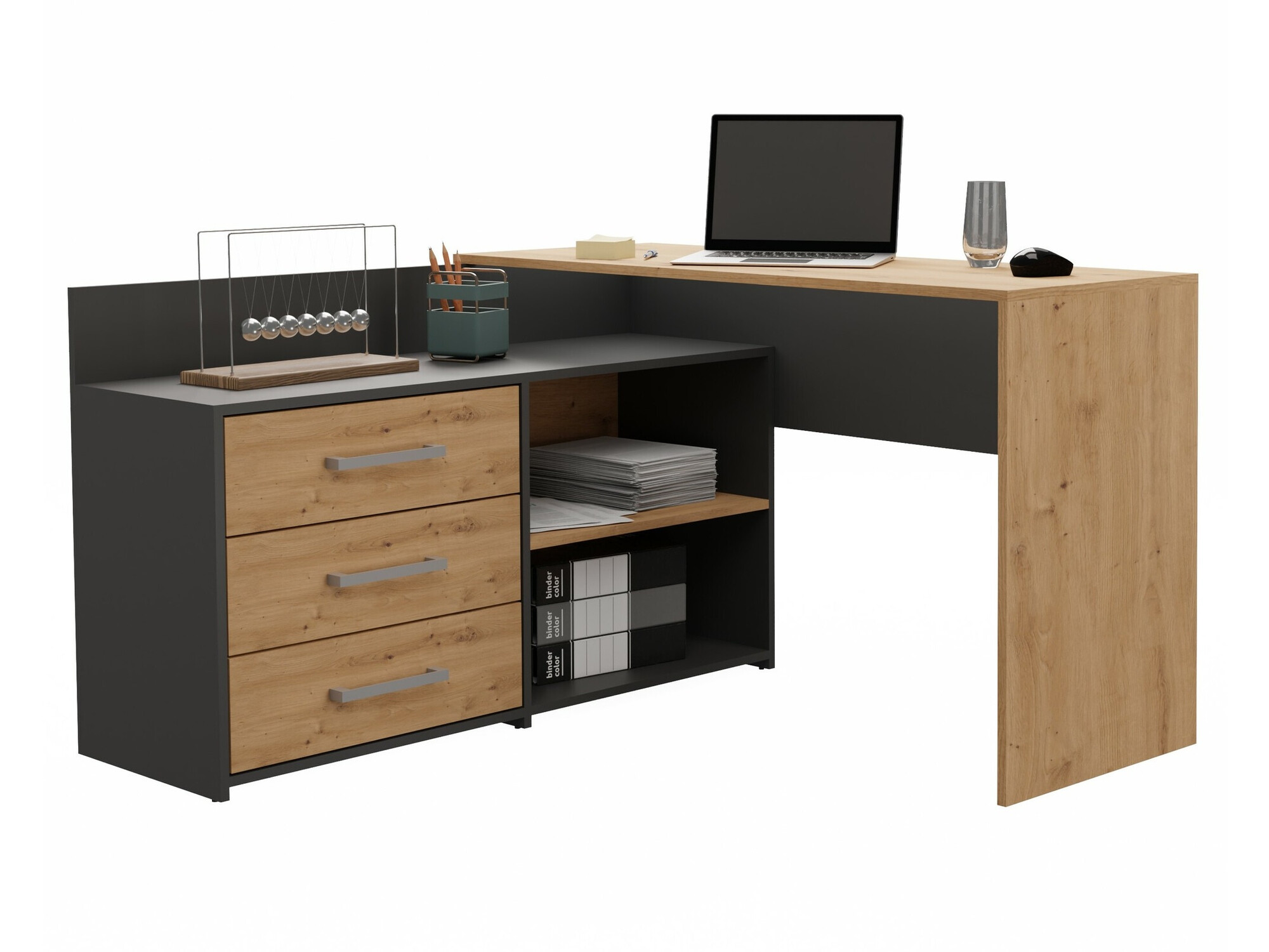 Secretária de canto Mandeville 131 (Antracite + Carvalho Artisan)