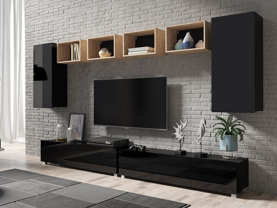 Conjunto para sala de estar Tivdalu 155 (Preto + Preto brilhante + Carvalho Artisan)