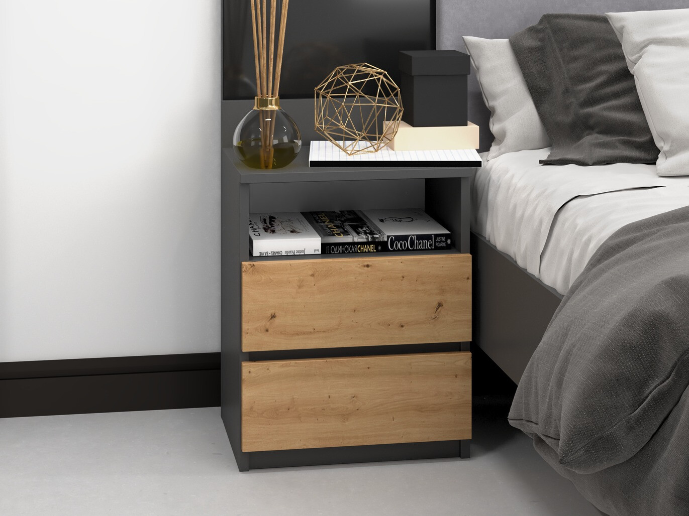 Mesa de cabeceira Elbvelu 119 (Antracite + Carvalho Artisan)