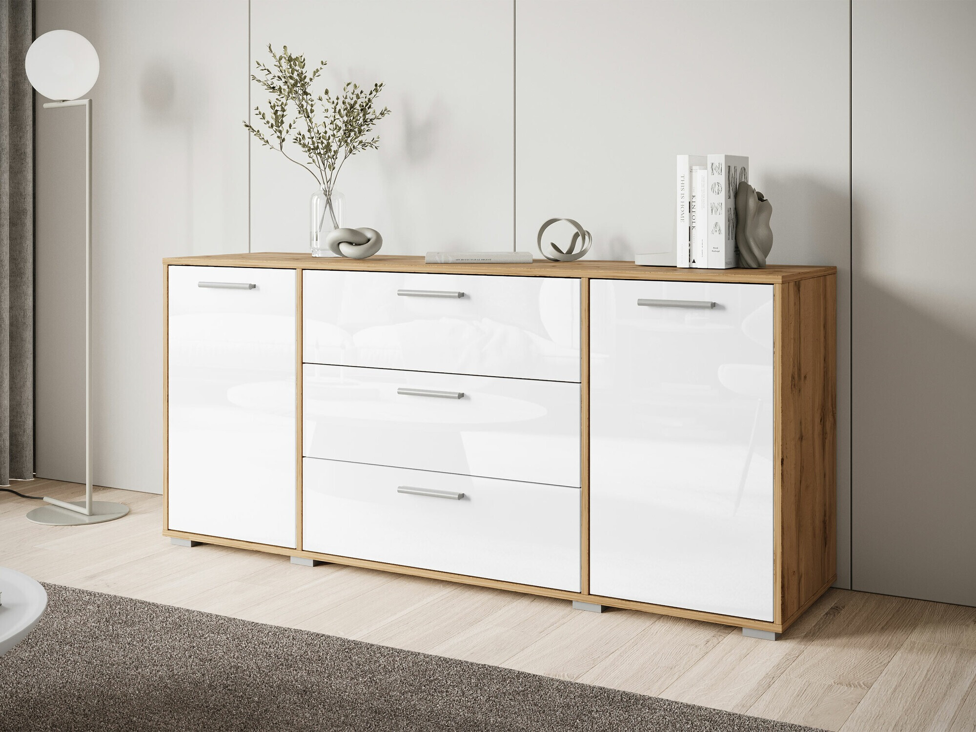 Cómoda Sarasota 174 (Carvalho wotan + Branco brilhante)