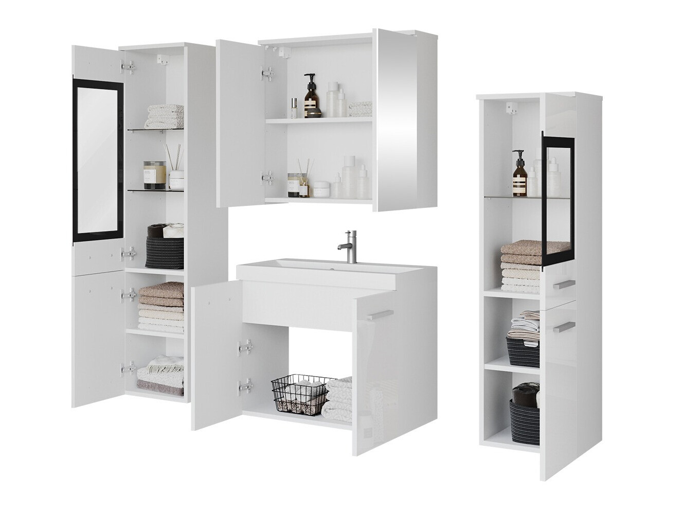 Conjunto para casa de banho Scientia III (Branco brilhante + Carvalho wotan)