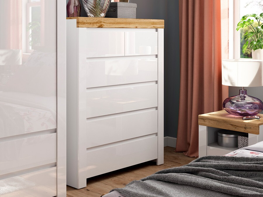 Cómoda Sonsoru 114 (Branco + Branco brilhante + Carvalho wotan)