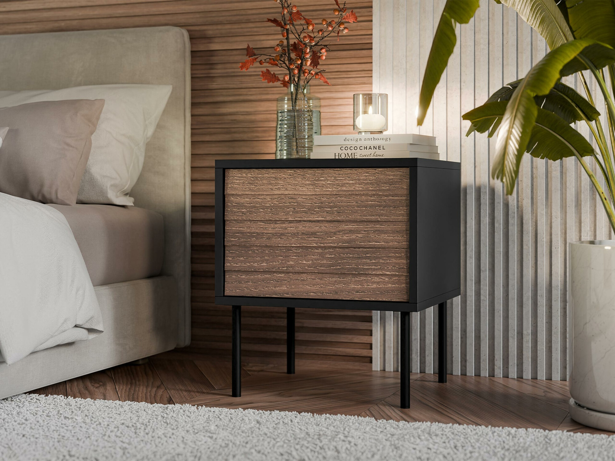 Conjunto de mesas de cabeceira Flosoru 106 (Nogueira + Preto)