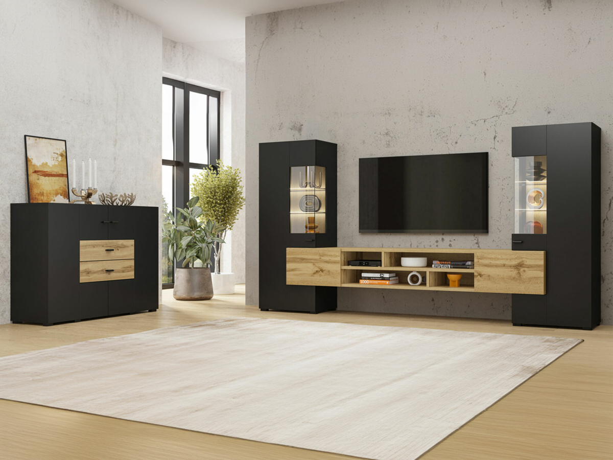 Conjunto para sala de estar Mondalo 105 (Carvalho wotan + Preto matte)