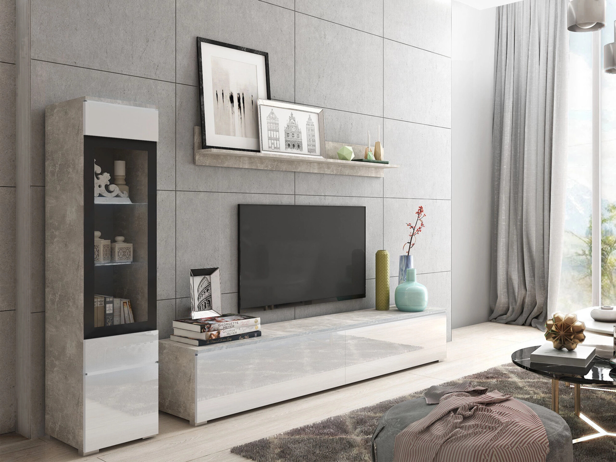 Conjunto para sala de estar Sarasota 125 (Cimento + Branco brilhante)