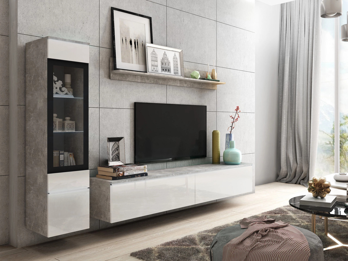 Conjunto para sala de estar Sarasota 125 (Cimento + Branco brilhante)