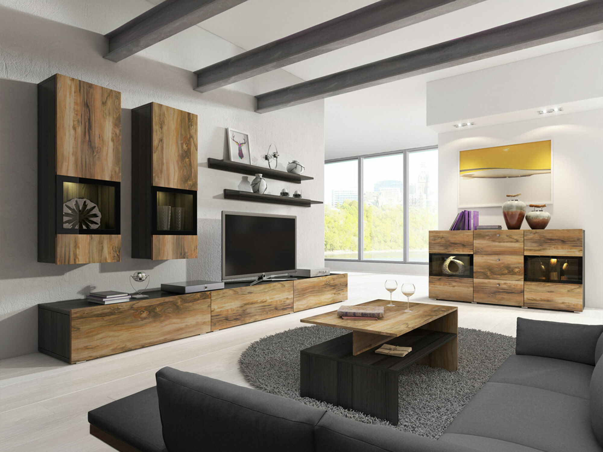 Conjunto para sala de estar Serodeu 104 (Nogueira + Castanho escuro)