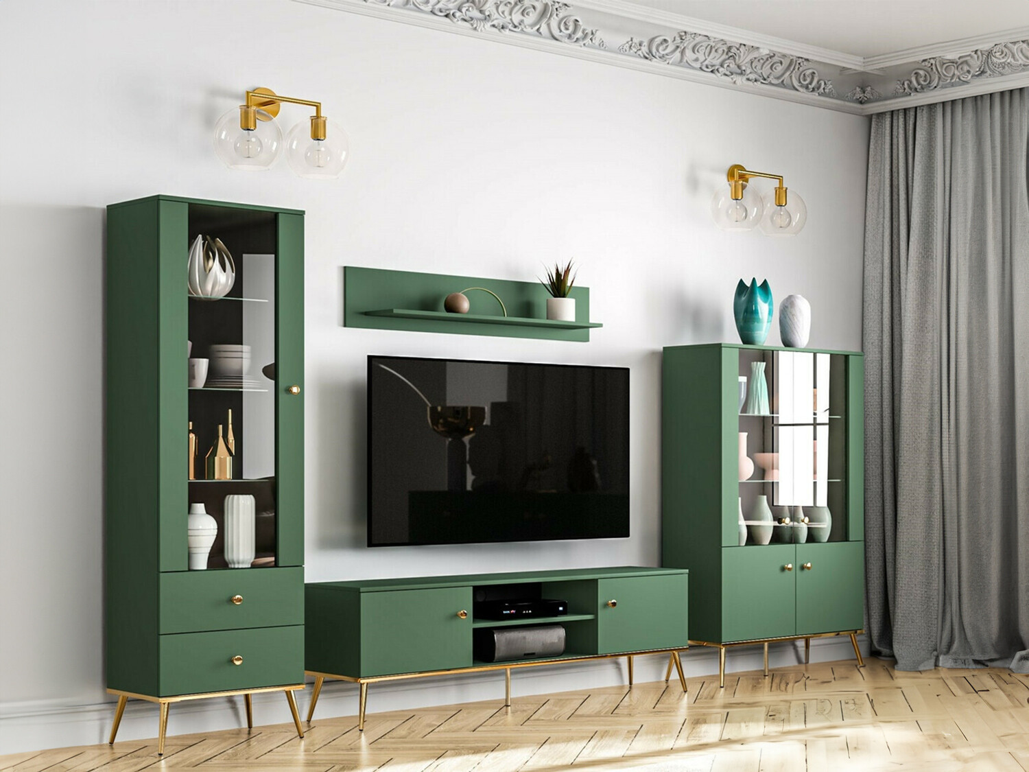 Conjunto para sala de estar Flonovu 110 (Verde escuro + Dourado)