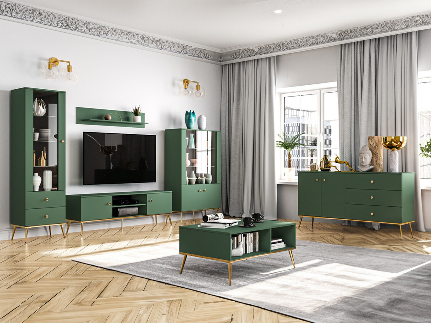 Conjunto para sala de estar Flonovu 109 (Verde escuro + Dourado)