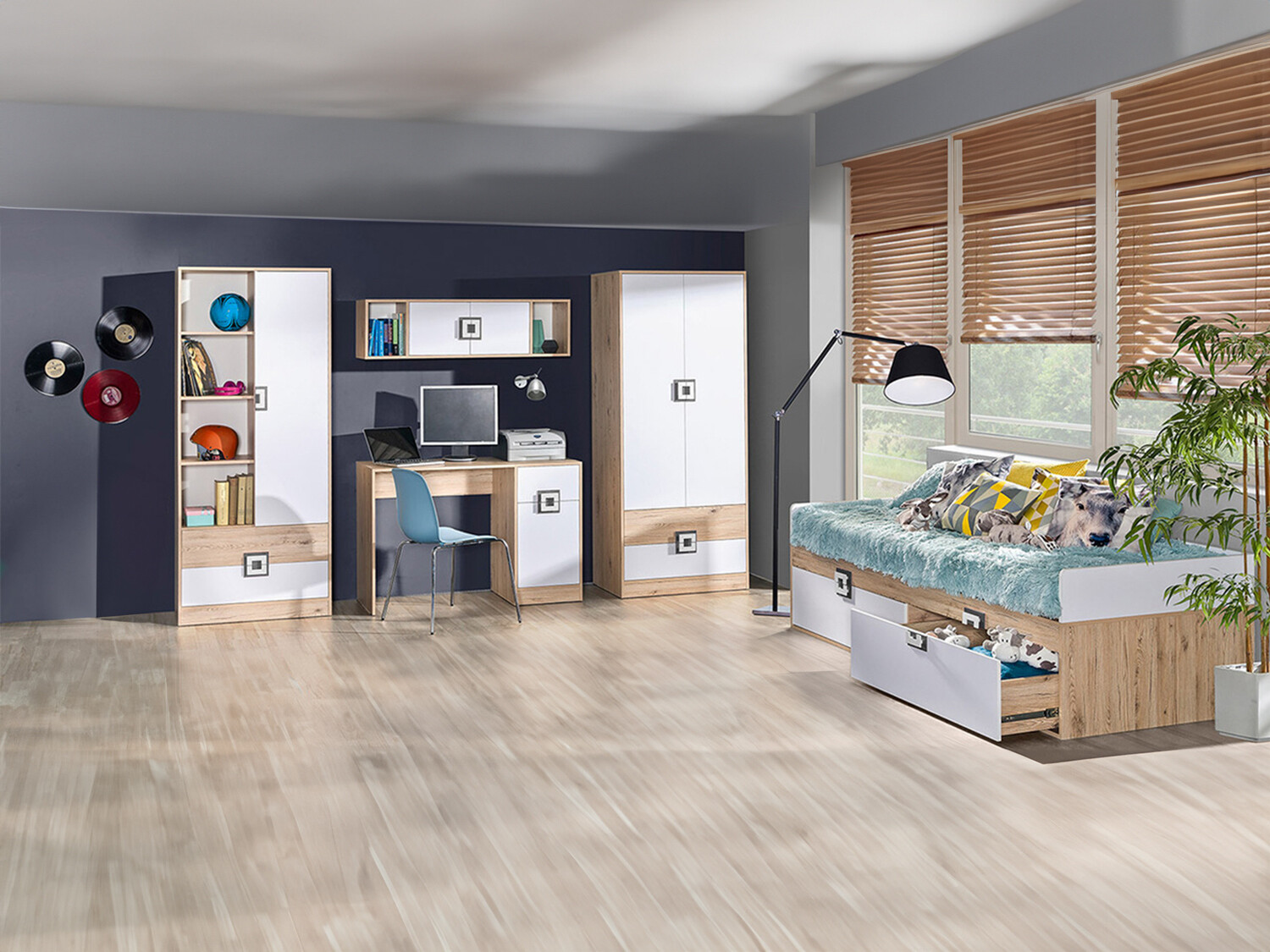 Conjunto para quarto infantil Balvire 116 (Carvalho claro + Branco + Cinzento)