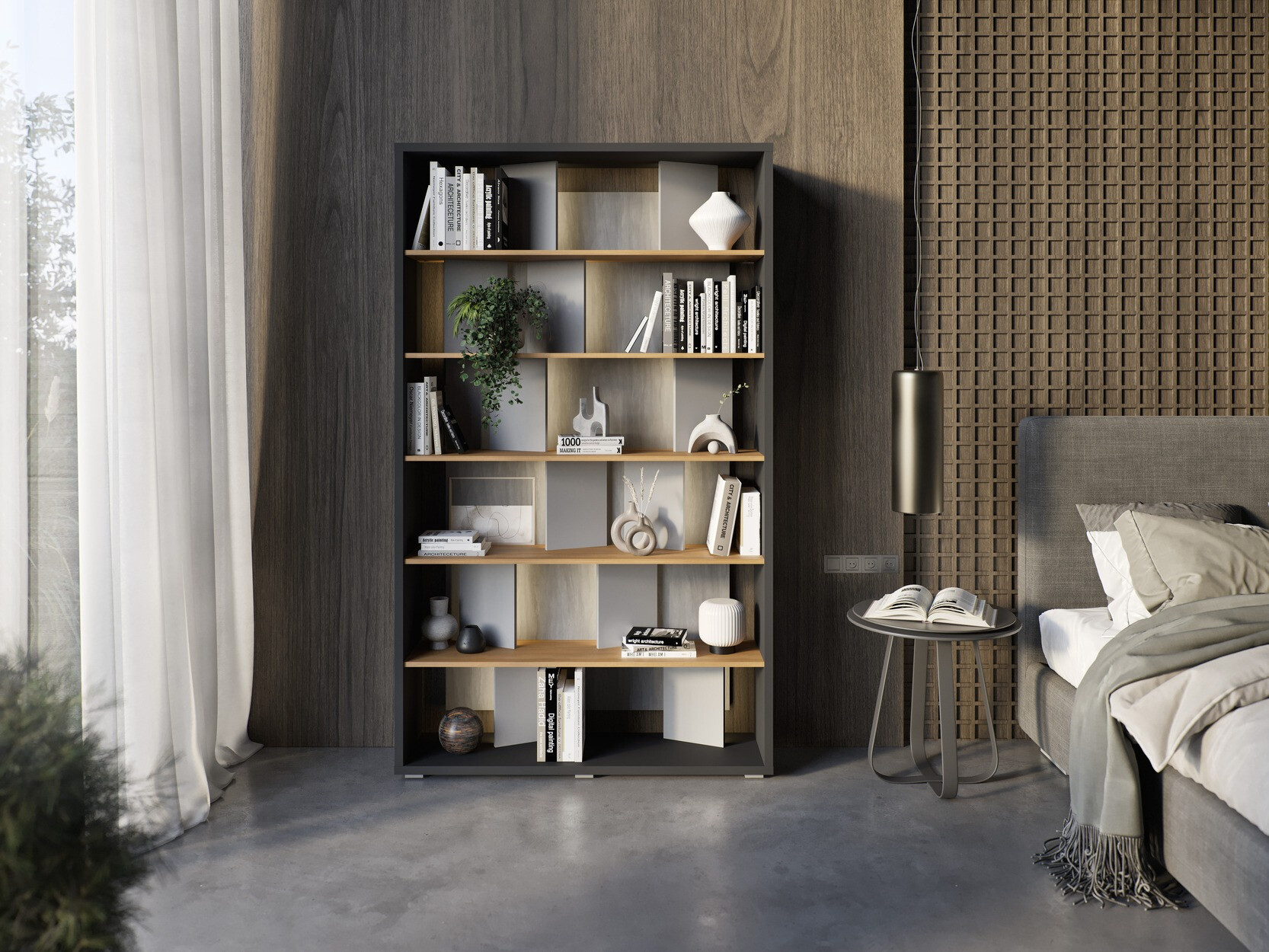 Estante Fresno 154 (Cinzento brilhante + Grafite + Carvalho)