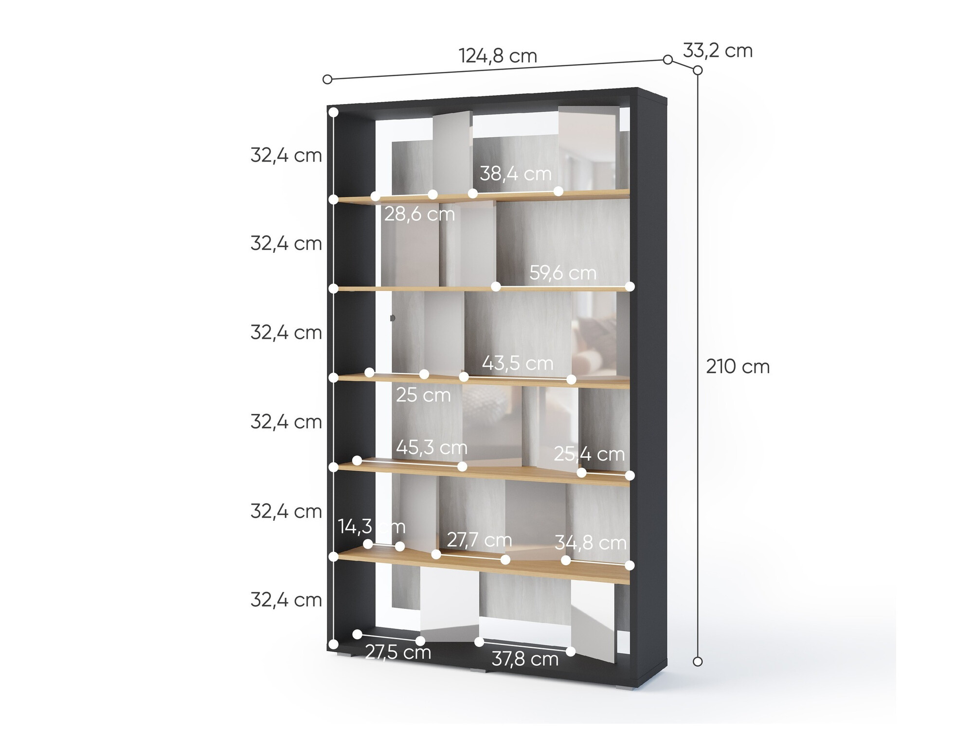 Estante Fresno 154 (Cinzento brilhante + Grafite + Carvalho)