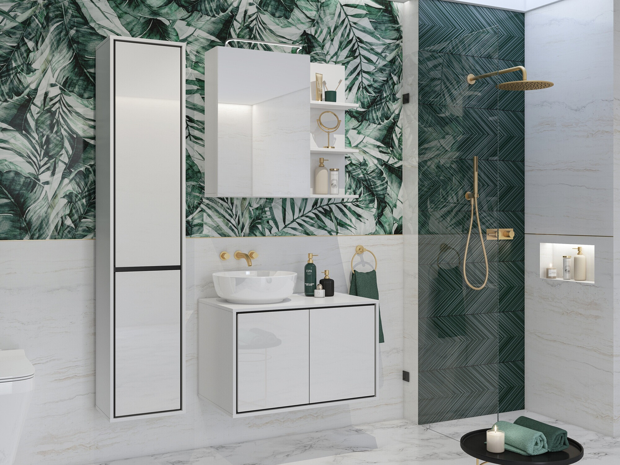 Armário com espelho para casa de banho Tecavu 102 (Branco brilhante + Branco)