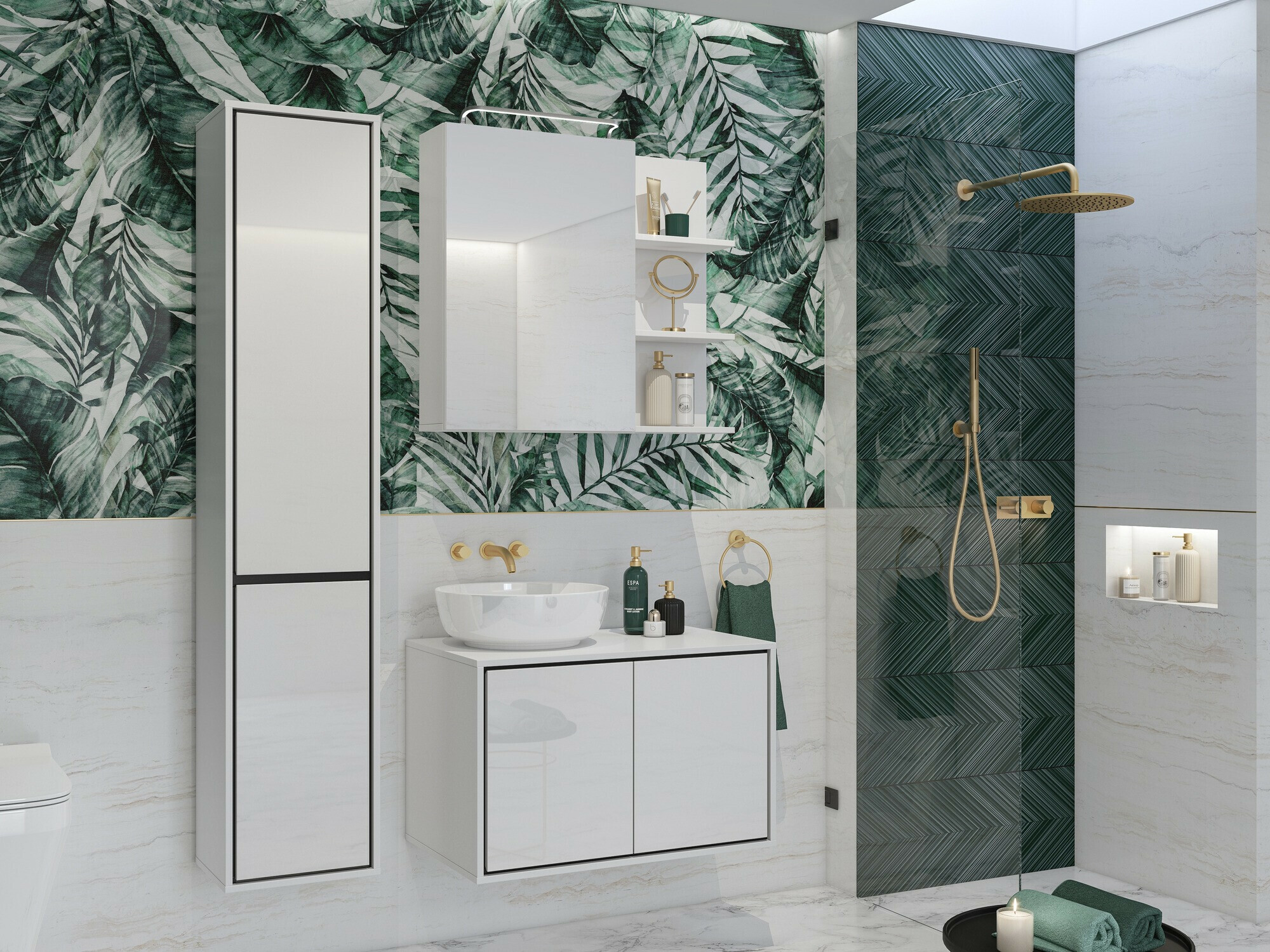 Armário suspenso para casa de banho para lavatório Tecavu 103 (Branco brilhante + Branco)