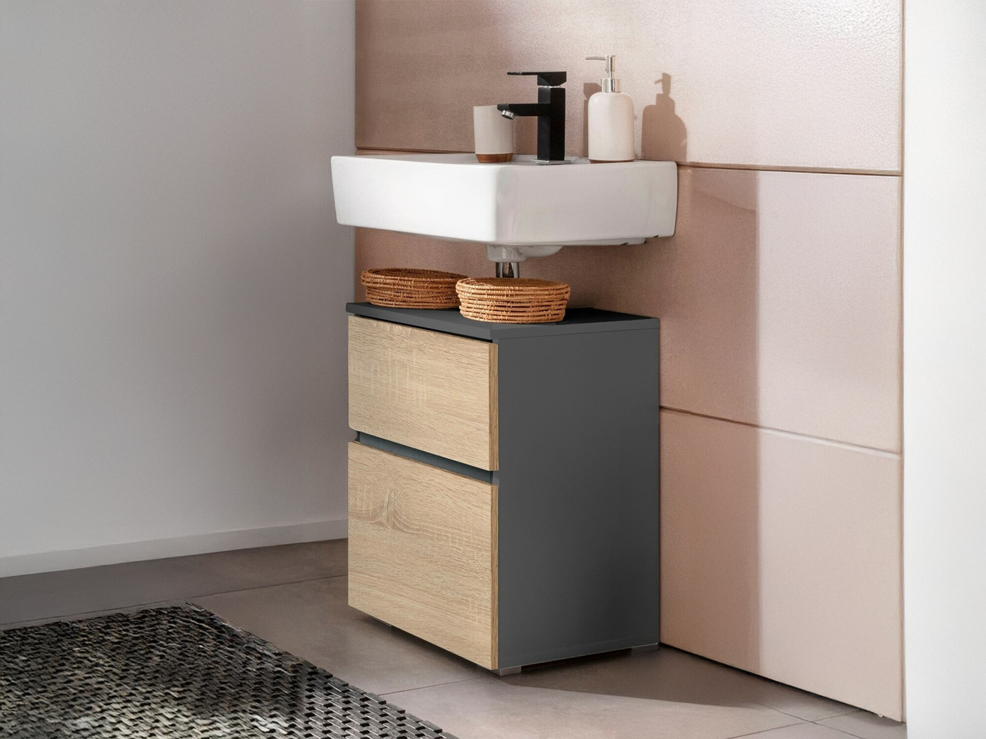 Armário com lavatório de apoio próprio para casa de banho Soncamu 103 (Antracite + Carvalho)