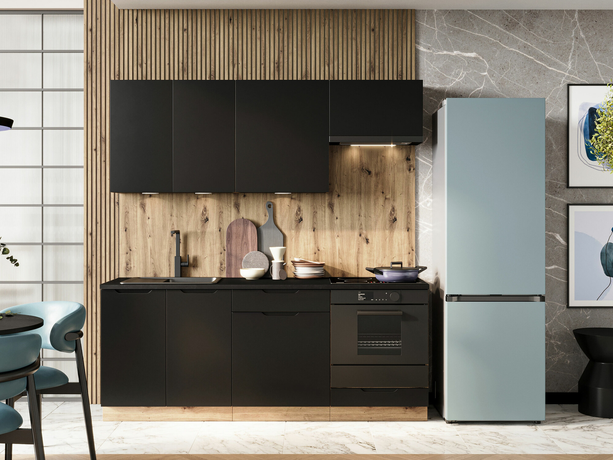 Conjunto para cozinha Trenton 180 (Preto + Carvalho Artisan)