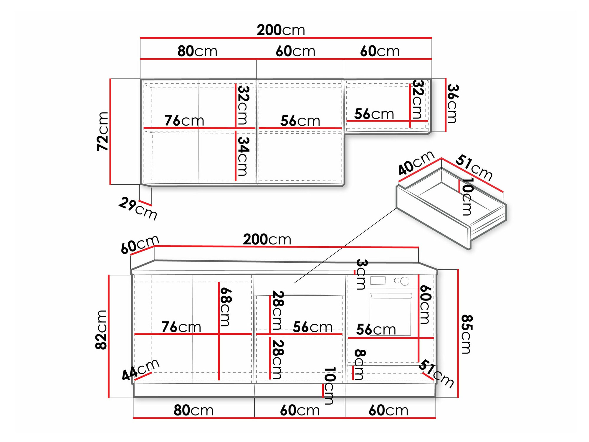 Conjunto para cozinha Trenton 180 (Preto + Carvalho Artisan)
