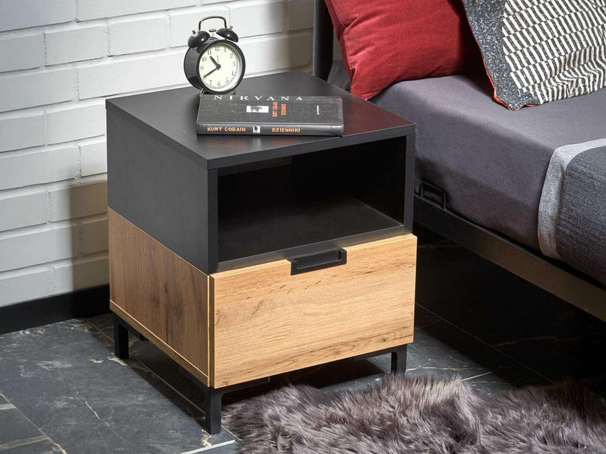 Mesa de cabeceira Houston 1225 (Preto + Carvalho wotan)