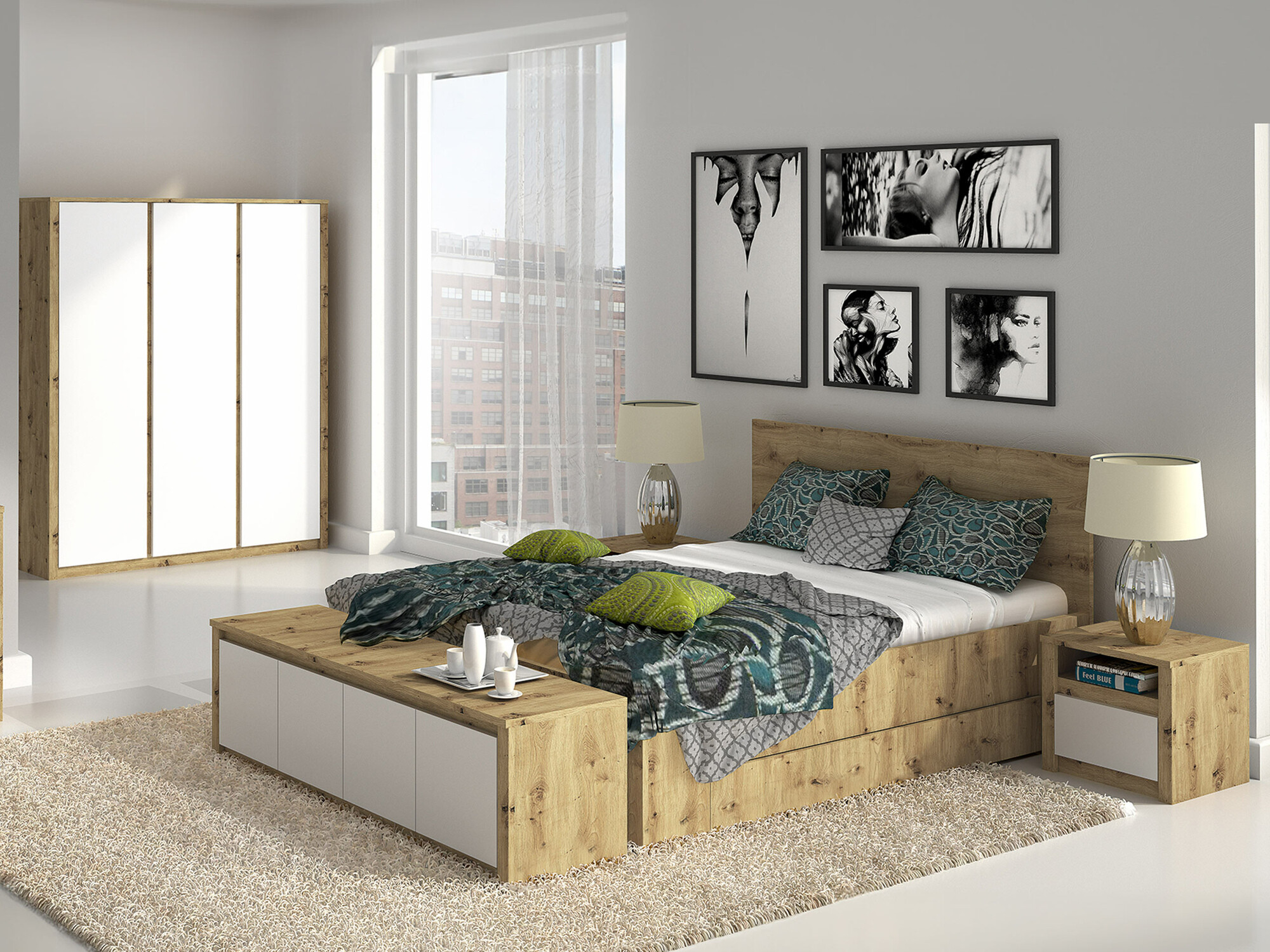 Conjunto para quarto Deldale 118 (Carvalho Artisan + Branco)