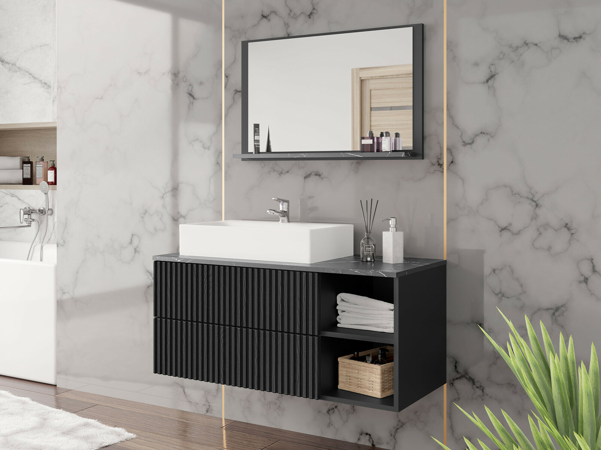 Conjunto para casa de banho Nauta (Preto + Mármore preto)