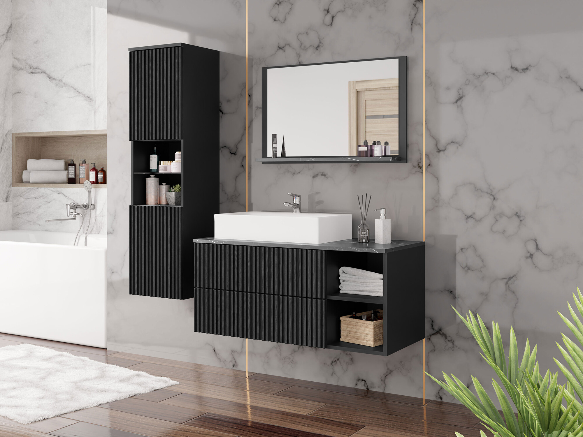 Conjunto para casa de banho Nauta I (Preto + Mármore preto)