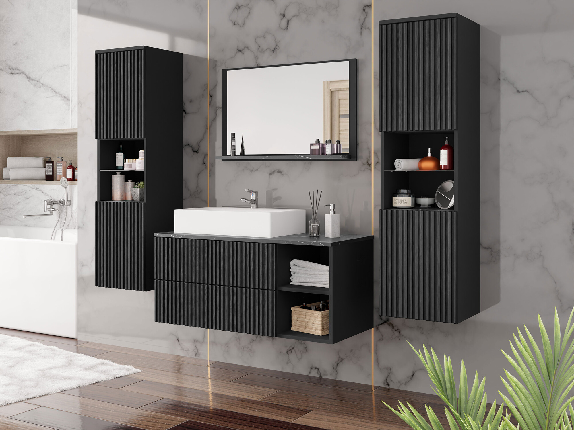 Conjunto para casa de banho Nauta II (Preto + Mármore preto)