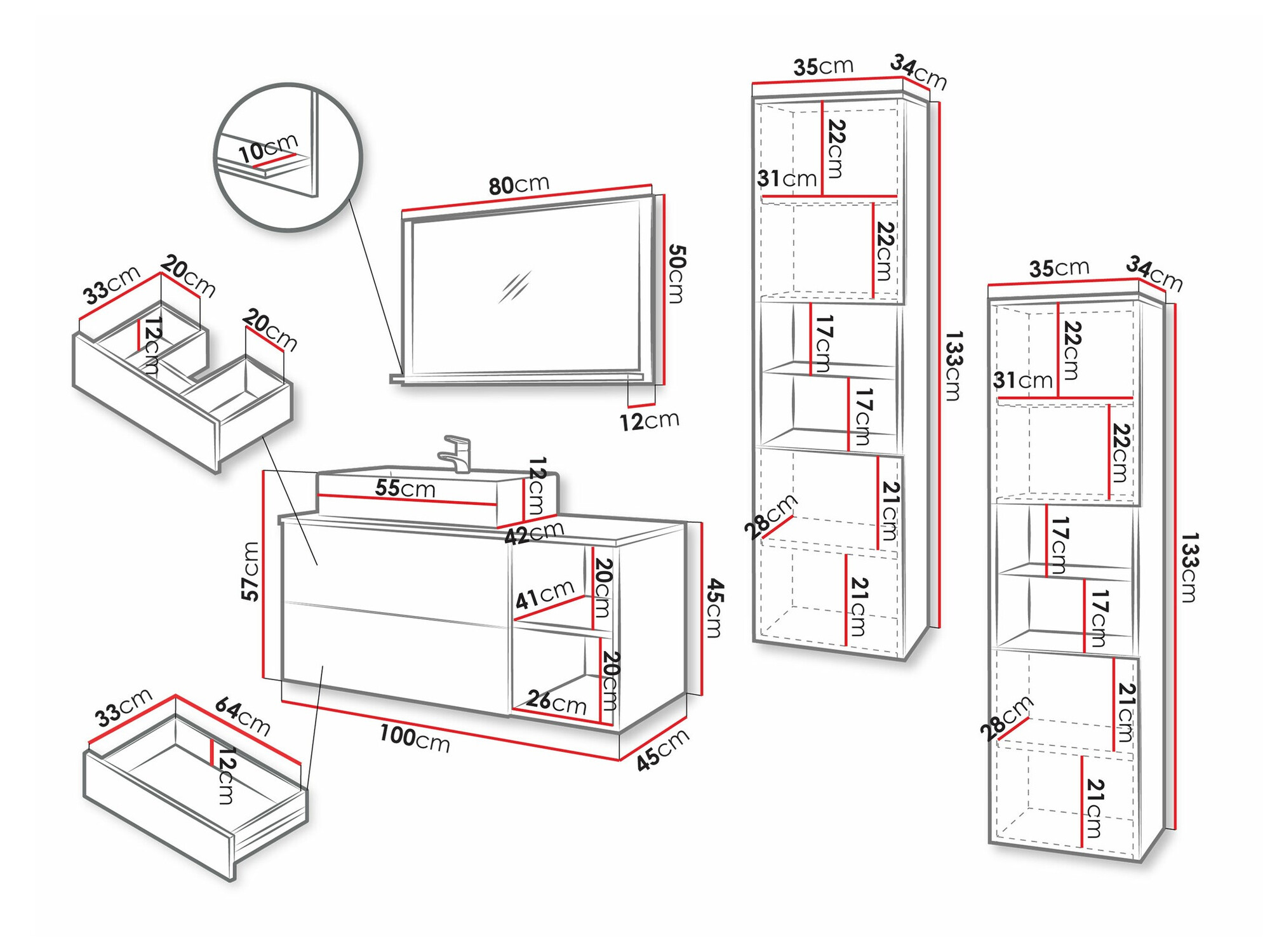Conjunto para casa de banho Ophruvi 105 (Nogueira + Marmore branco)