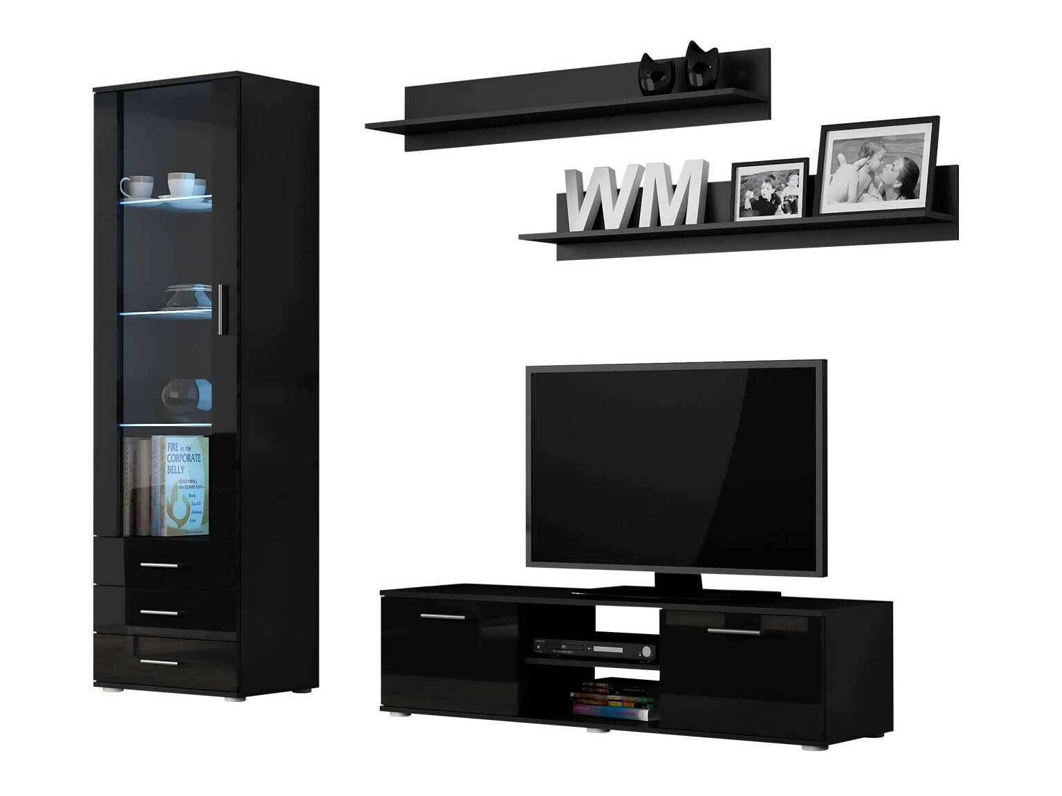 Conjunto para sala de estar Tornola 110 (Preto + Preto brilhante)