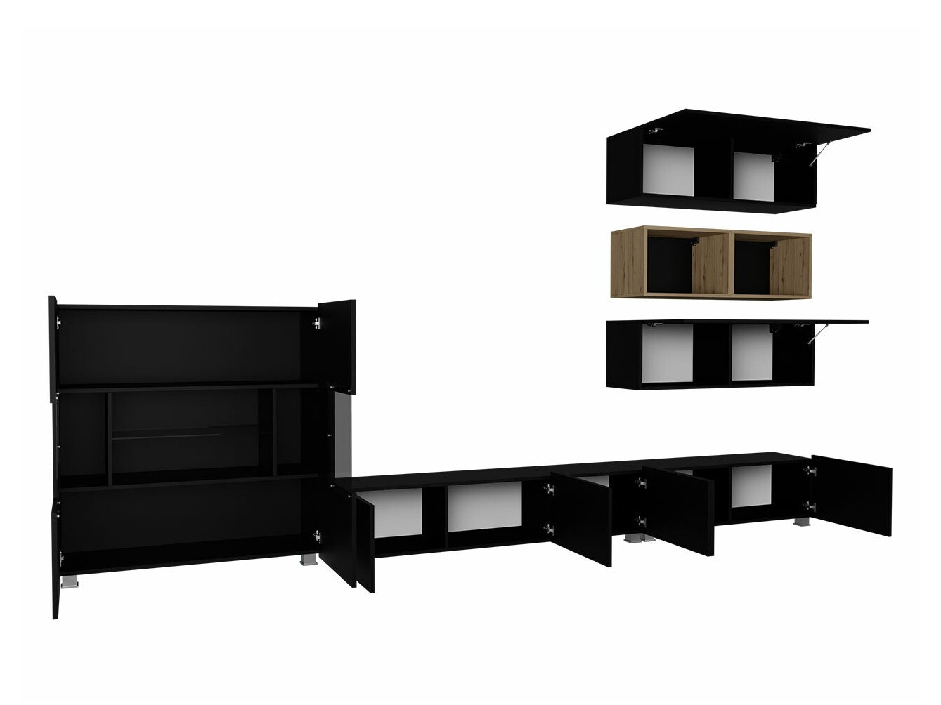 Conjunto para sala de estar Tivdalu 148 (Preto + Preto brilhante + Carvalho Artisan)