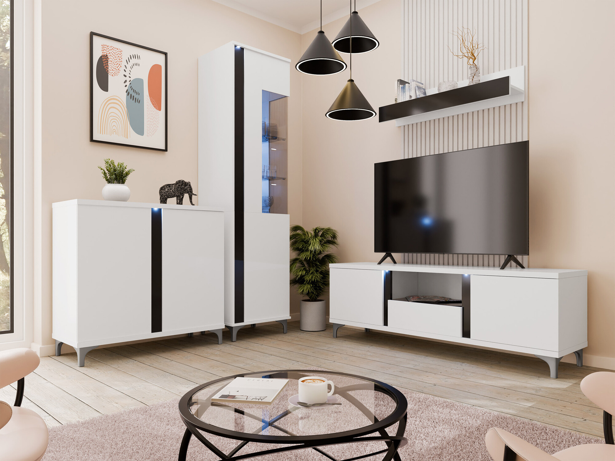 Aparador Livseri 102 (Branco + Branco brilhante + Preto brilhante)