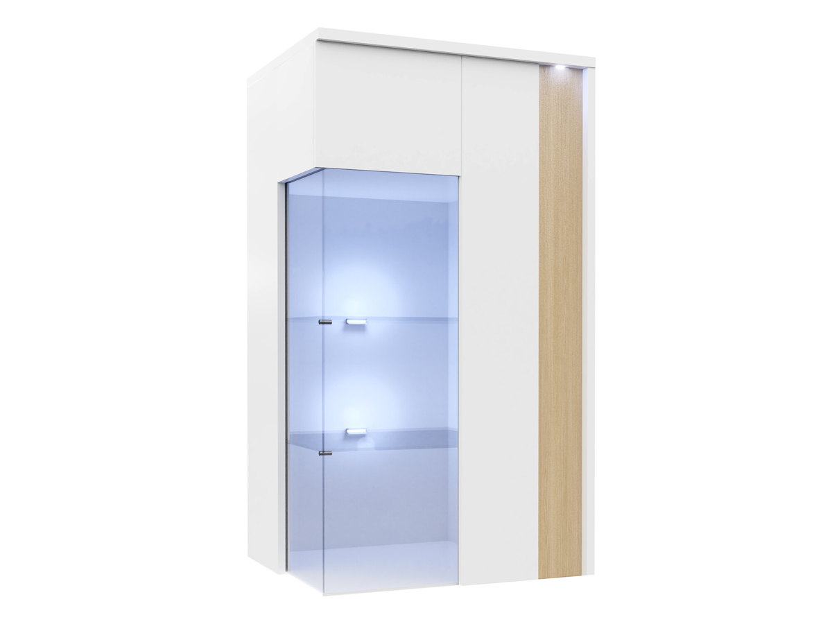 Armário de parede Livseri 106 (Branco + Branco brilhante + Madeira clara)