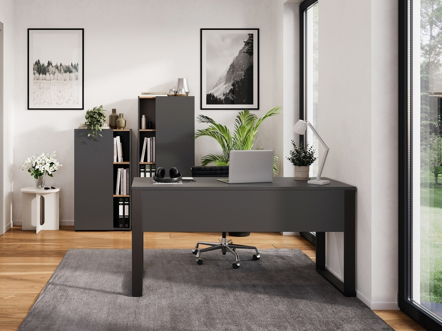 Conjunto para escritório em casa Evarsoa 106 (Grafite + Navarra carvalho)