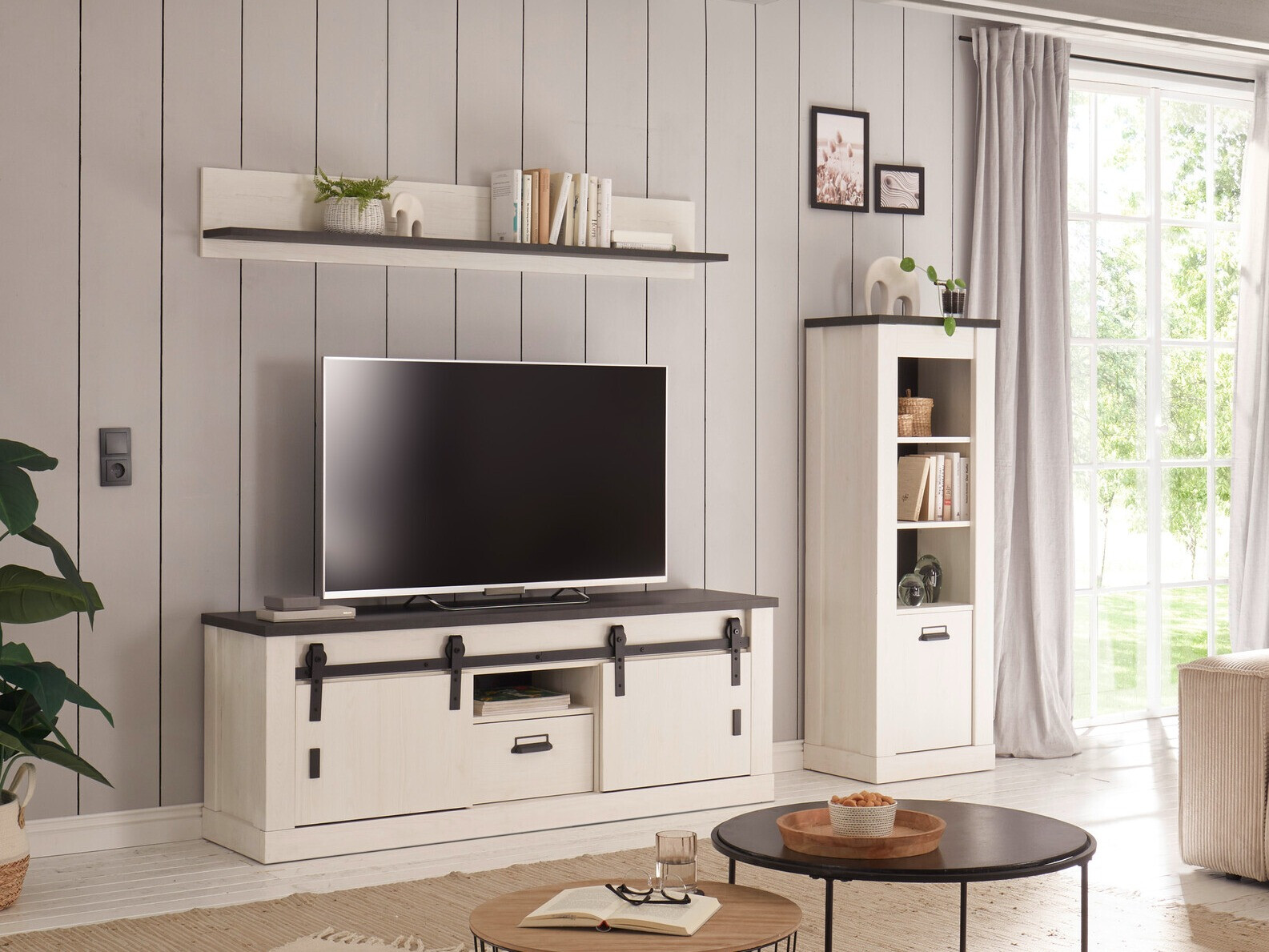 Conjunto para sala de estar Cirtale 131 (Pinheiro branqueado + Antracite)