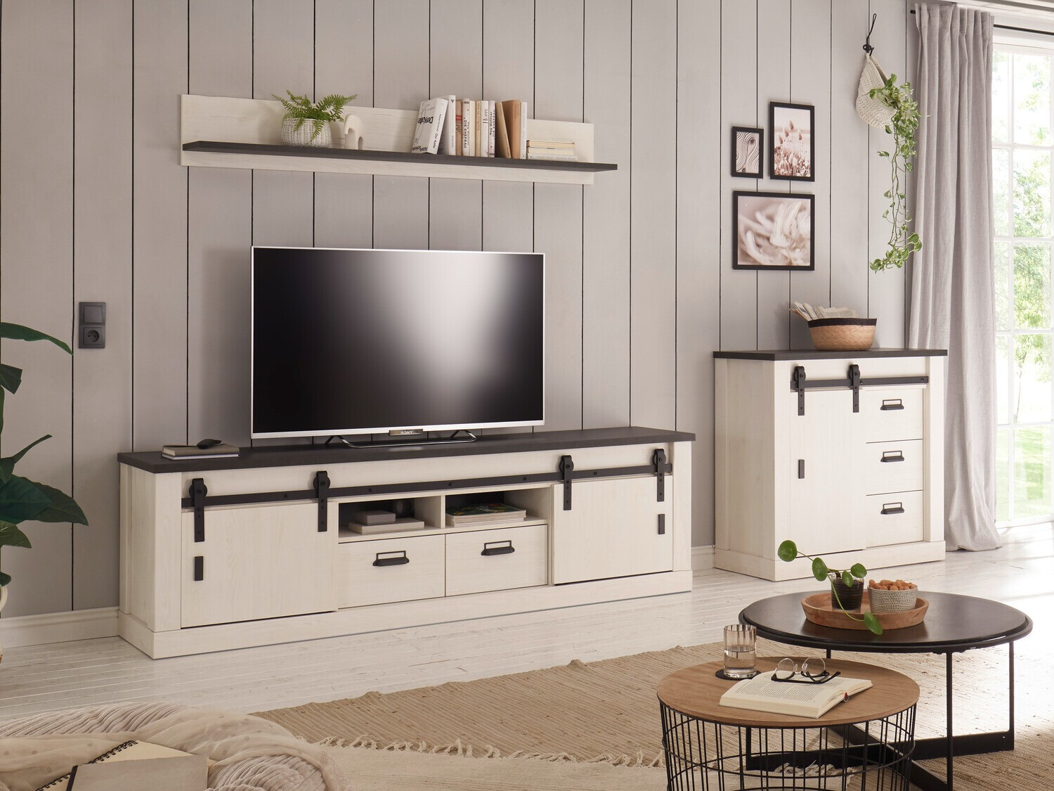 Conjunto para sala de estar Cirtale 132 (Pinheiro branqueado + Antracite)