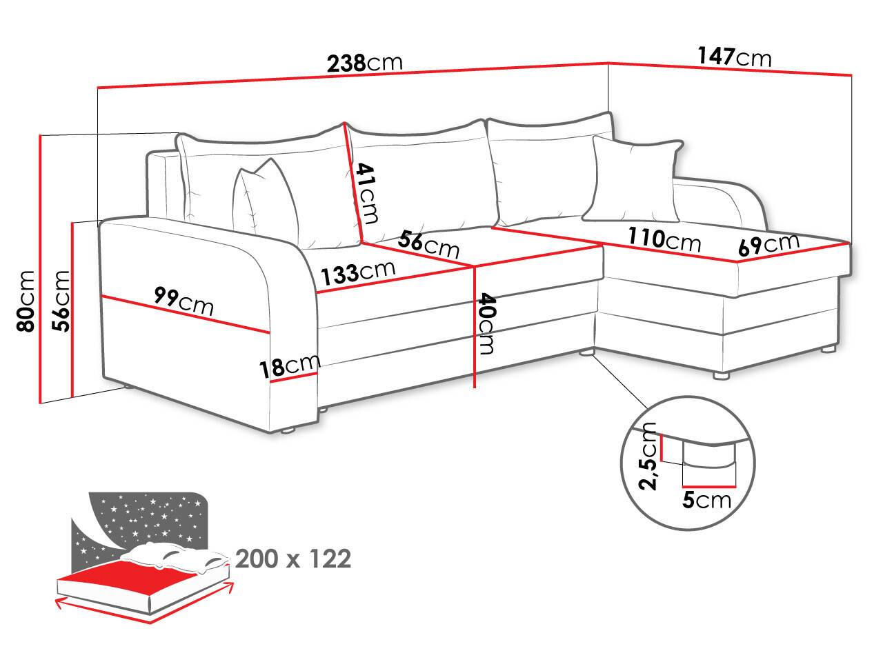 Sofá de canto Comfivo 135 (Enzo 162 + Rain 01)