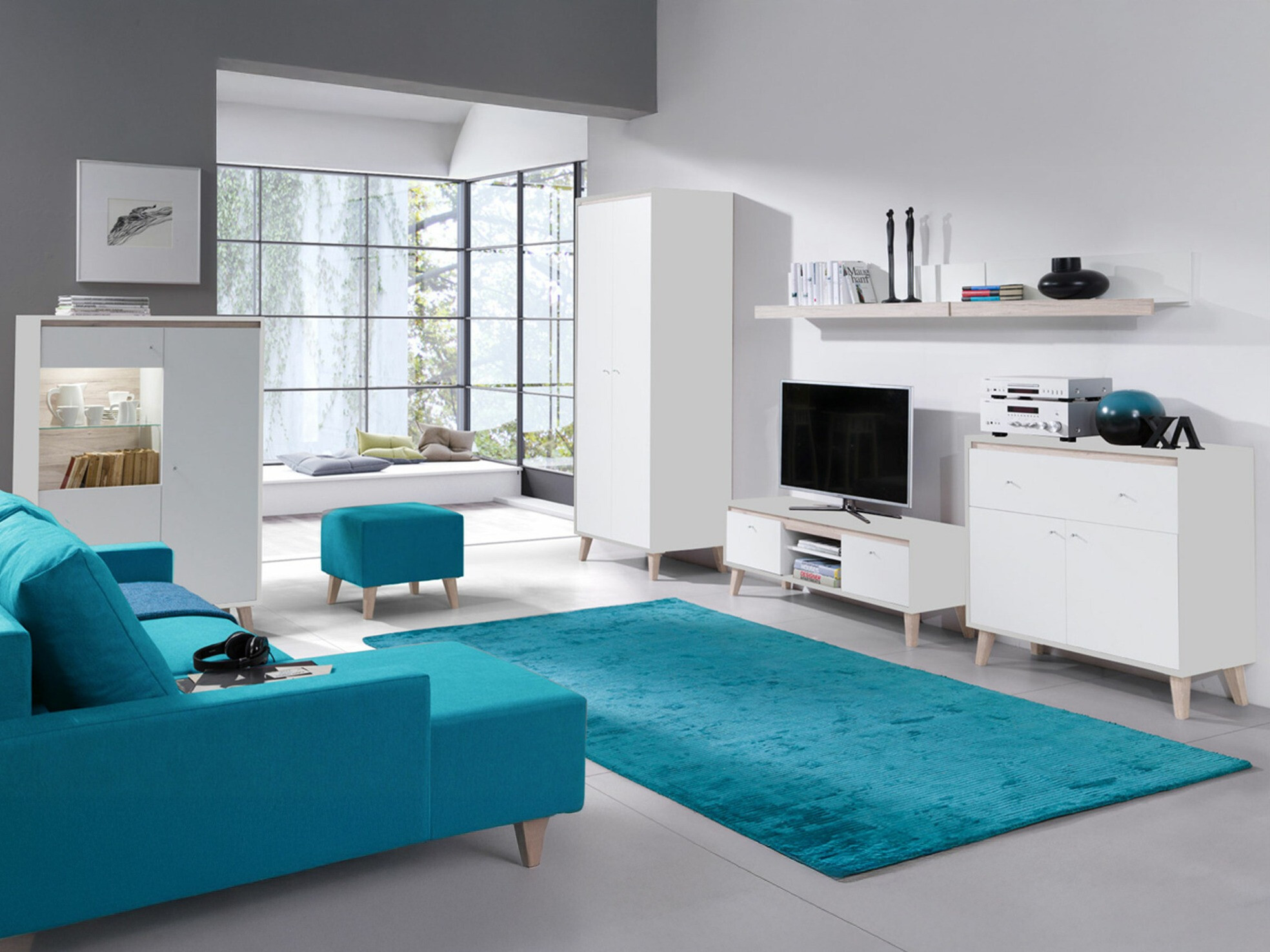 Conjunto para sala de estar Delbene 116 (Carvalho San Remo claro + Mate branco)