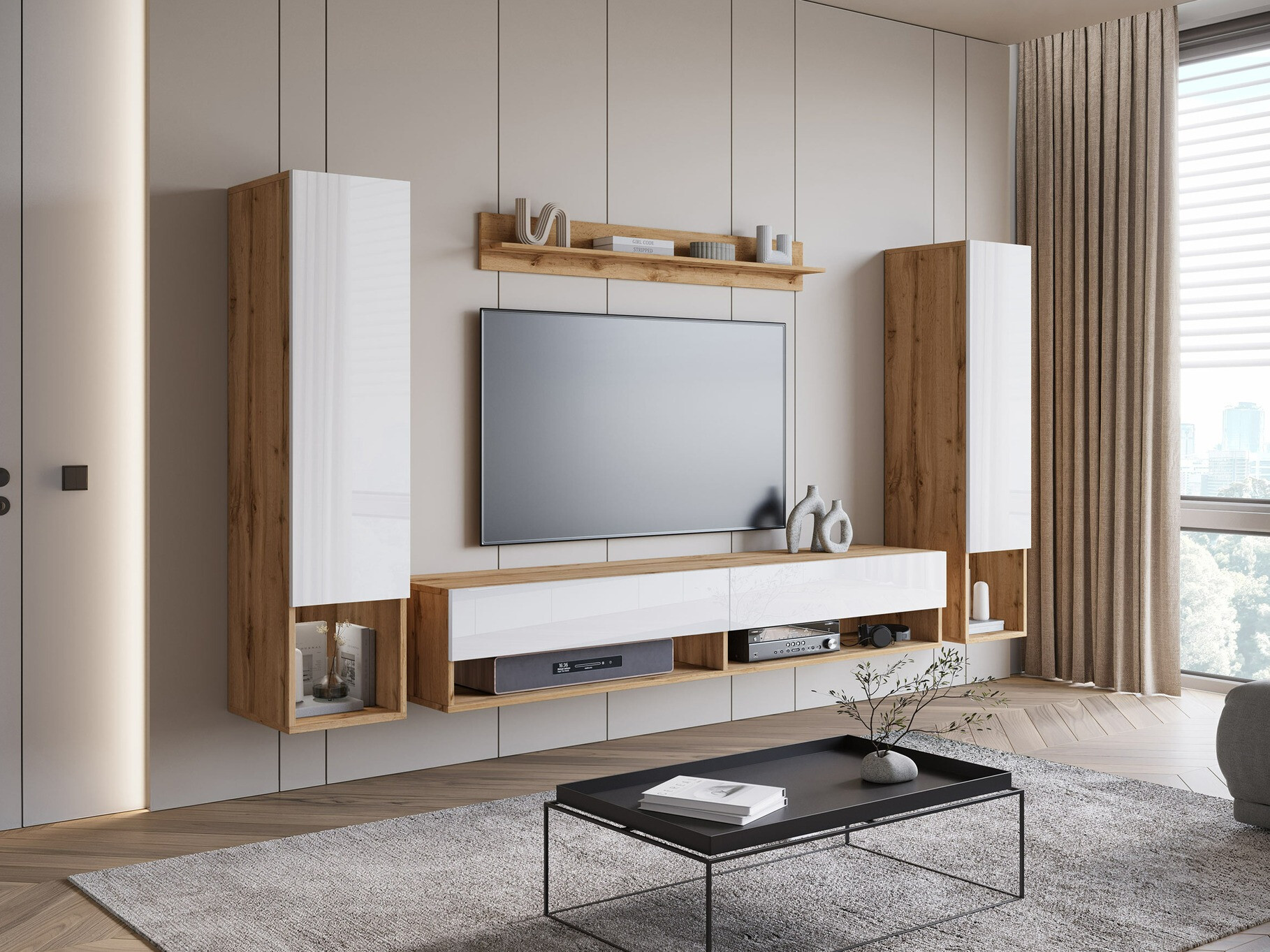 Conjunto para sala de estar Sarasota 176 (Carvalho wotan + Branco brilhante)