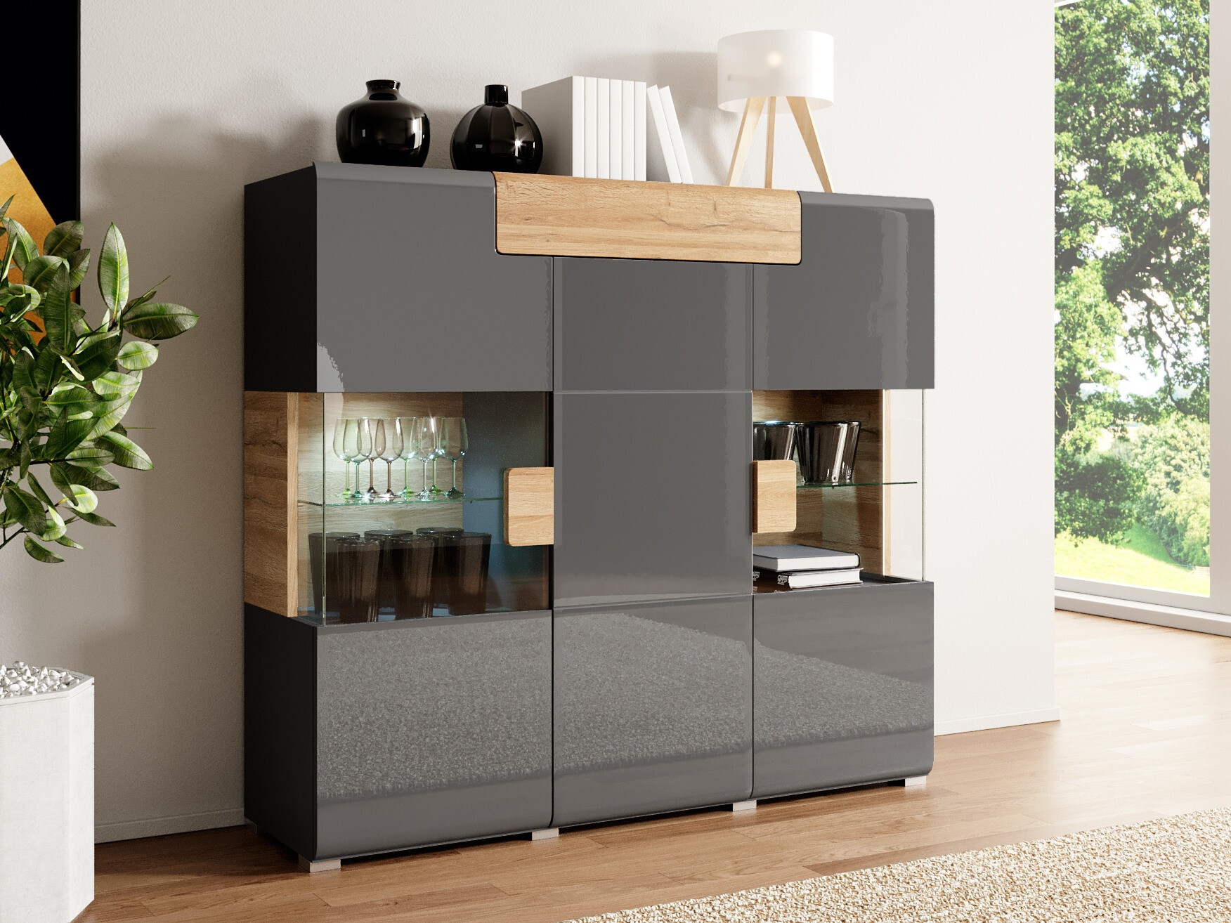 Aparador Torsone 100 (Antracite + Gloss antracite + Carvalho Grandson)