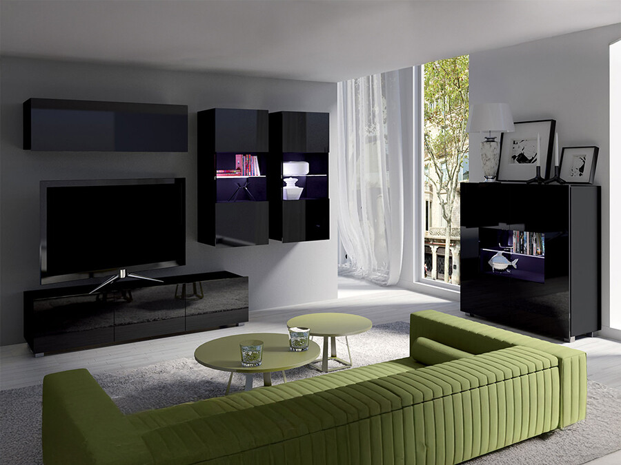 Conjunto para sala de estar Tivdalu 115 (Preto + Preto brilhante)